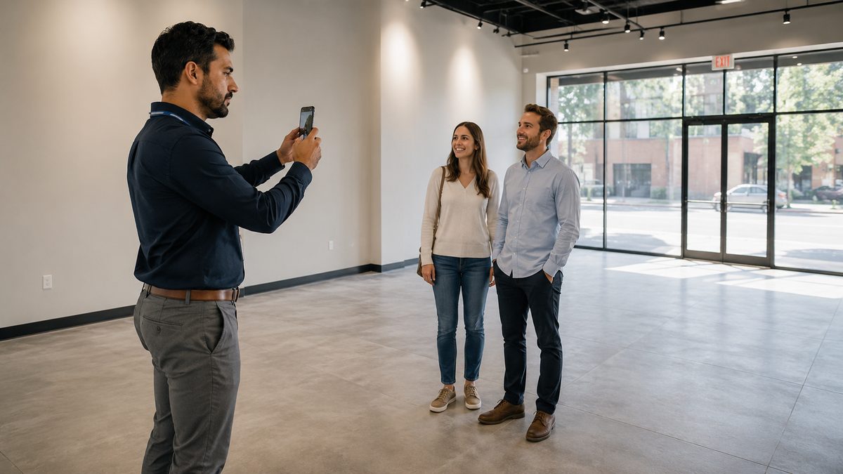 Vistoriador fotografando um imóvel com os clientes